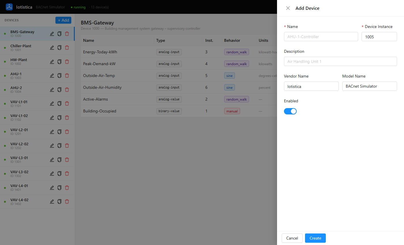 Add Device drawer with name, instance, vendor/model fields