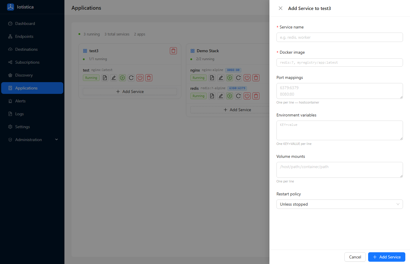 Add Service drawer for an existing application with image and port fields filled in