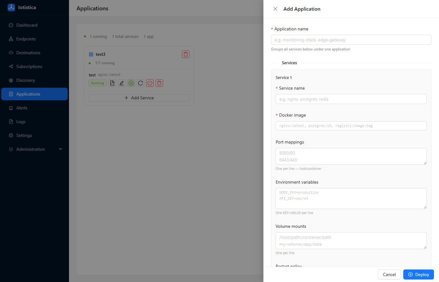 Deploy Application drawer with application name field and two configured services