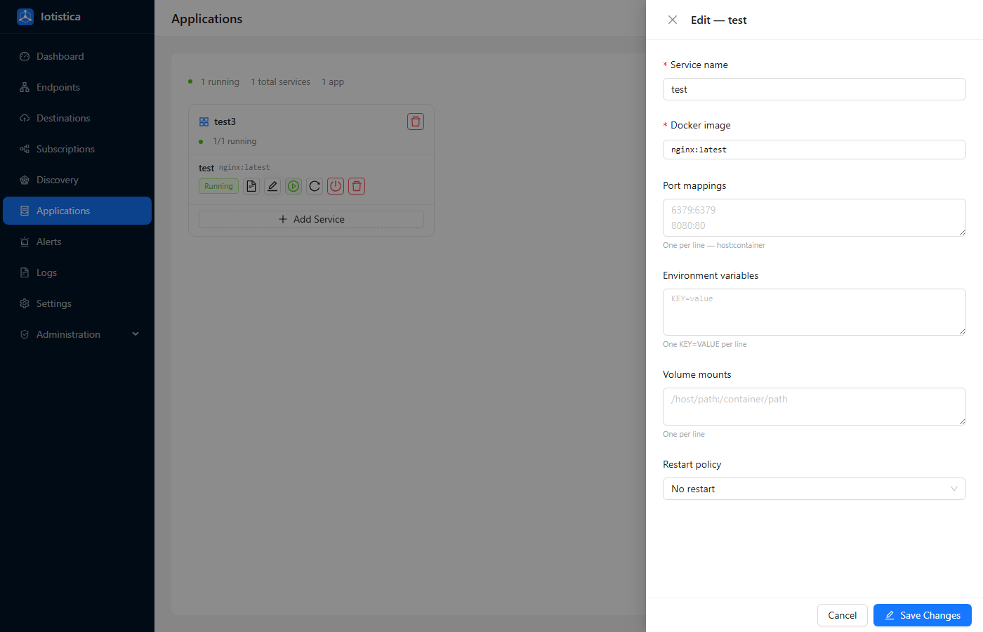 Edit Service drawer pre-populated with the current image, ports, and environment variables