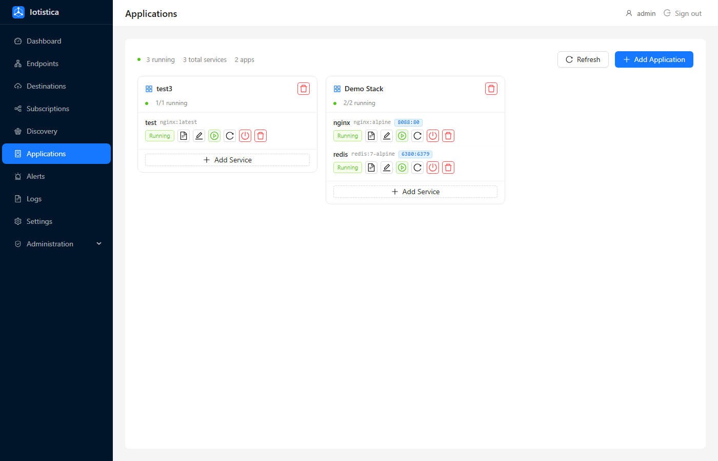 Applications page showing a card grid with two deployed apps — each card lists the services inside and their running status