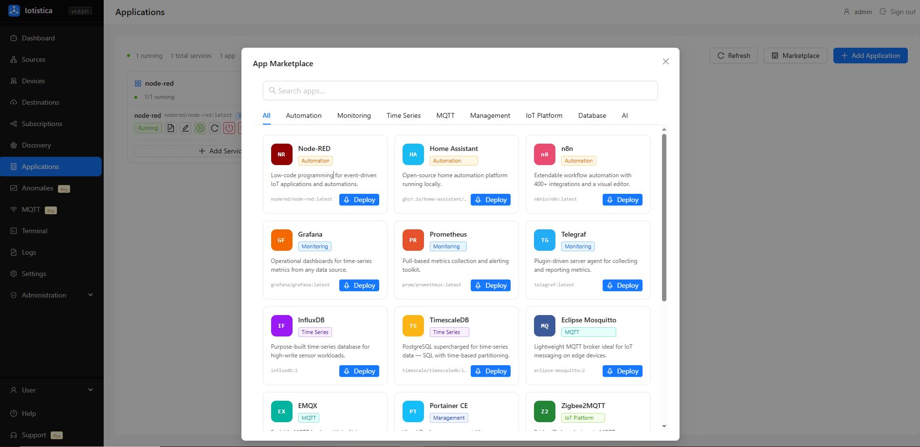 App Marketplace showing a searchable grid of pre-configured apps grouped by category — Automation, Monitoring, Time Series, MQTT, Management, IoT Platform, Database, and AI