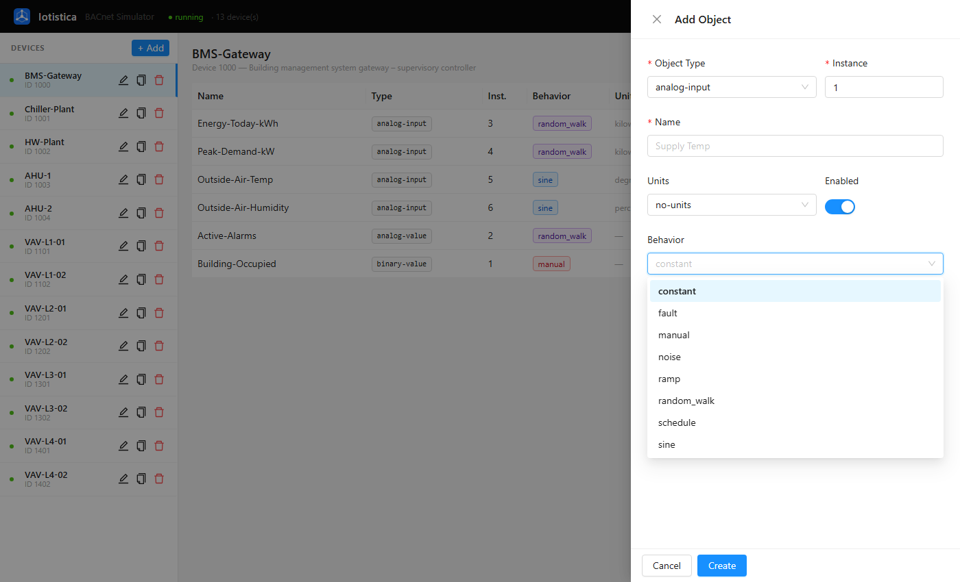 Add Object drawer showing the full behavior type dropdown