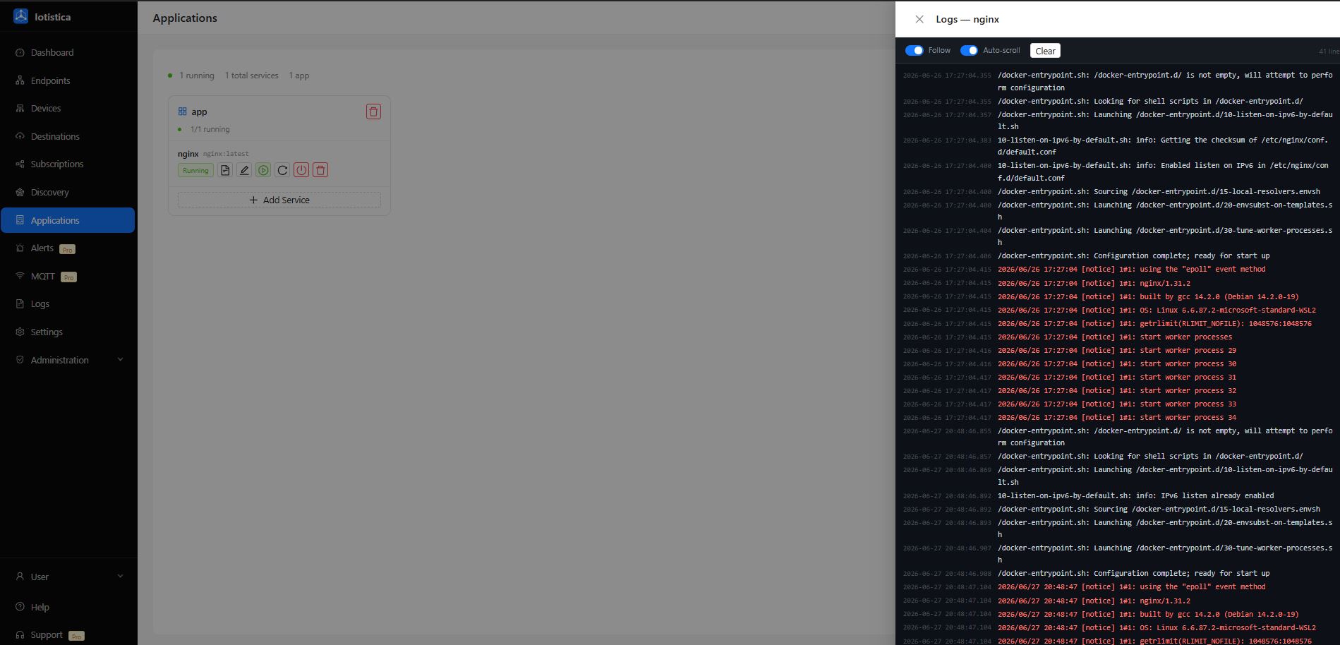 Log viewer drawer open for a postgres service, showing timestamped stdout and stderr output in a dark terminal