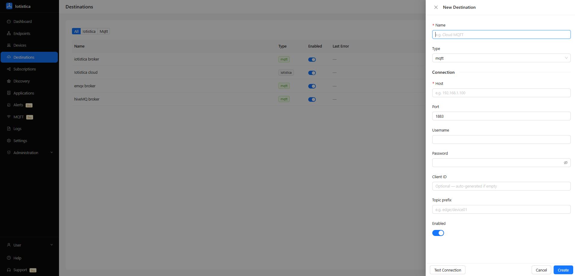 New Destination drawer showing MQTT connection configuration fields