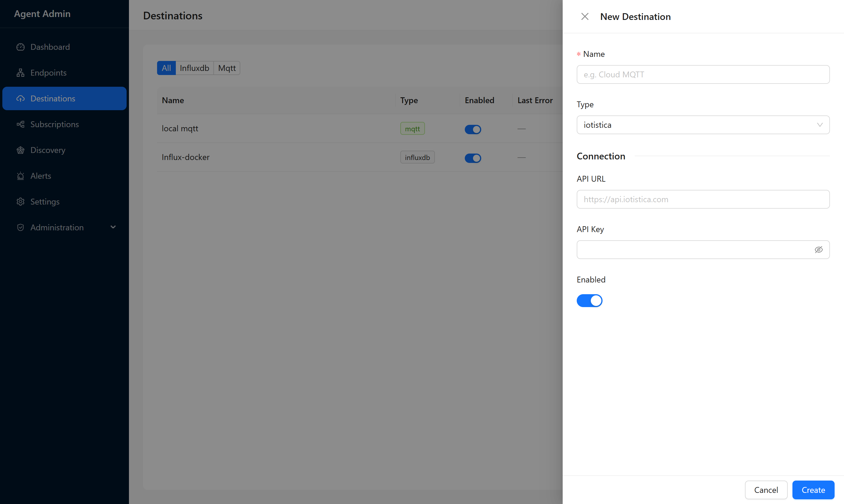 New Destination drawer showing connection configuration fields