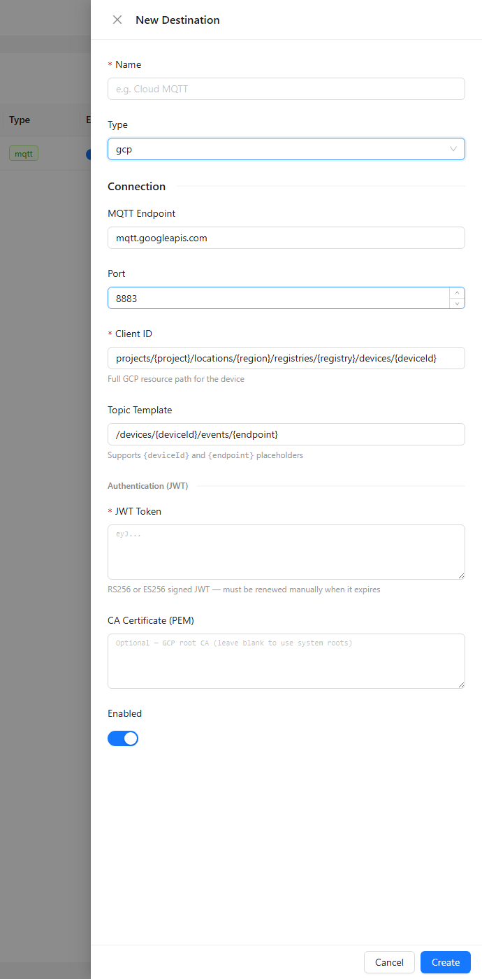 GCP IoT Core destination form showing MQTT Endpoint, Port, Client ID, Topic Template, JWT Token, and CA Certificate fields