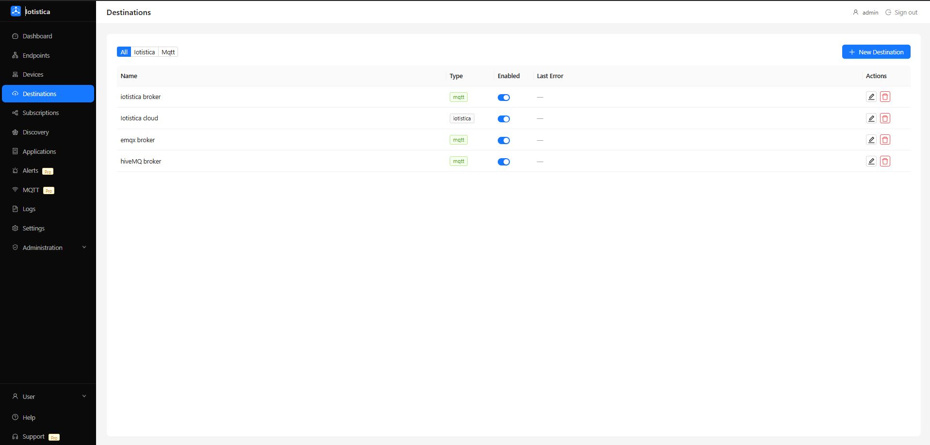 Destinations list with type filter buttons and enabled toggles