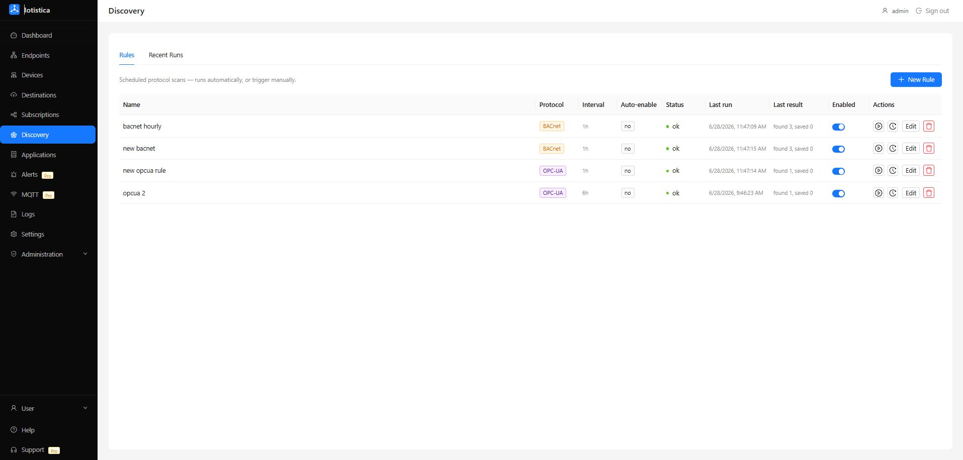 Discovery page showing rules list with run buttons and recent run history