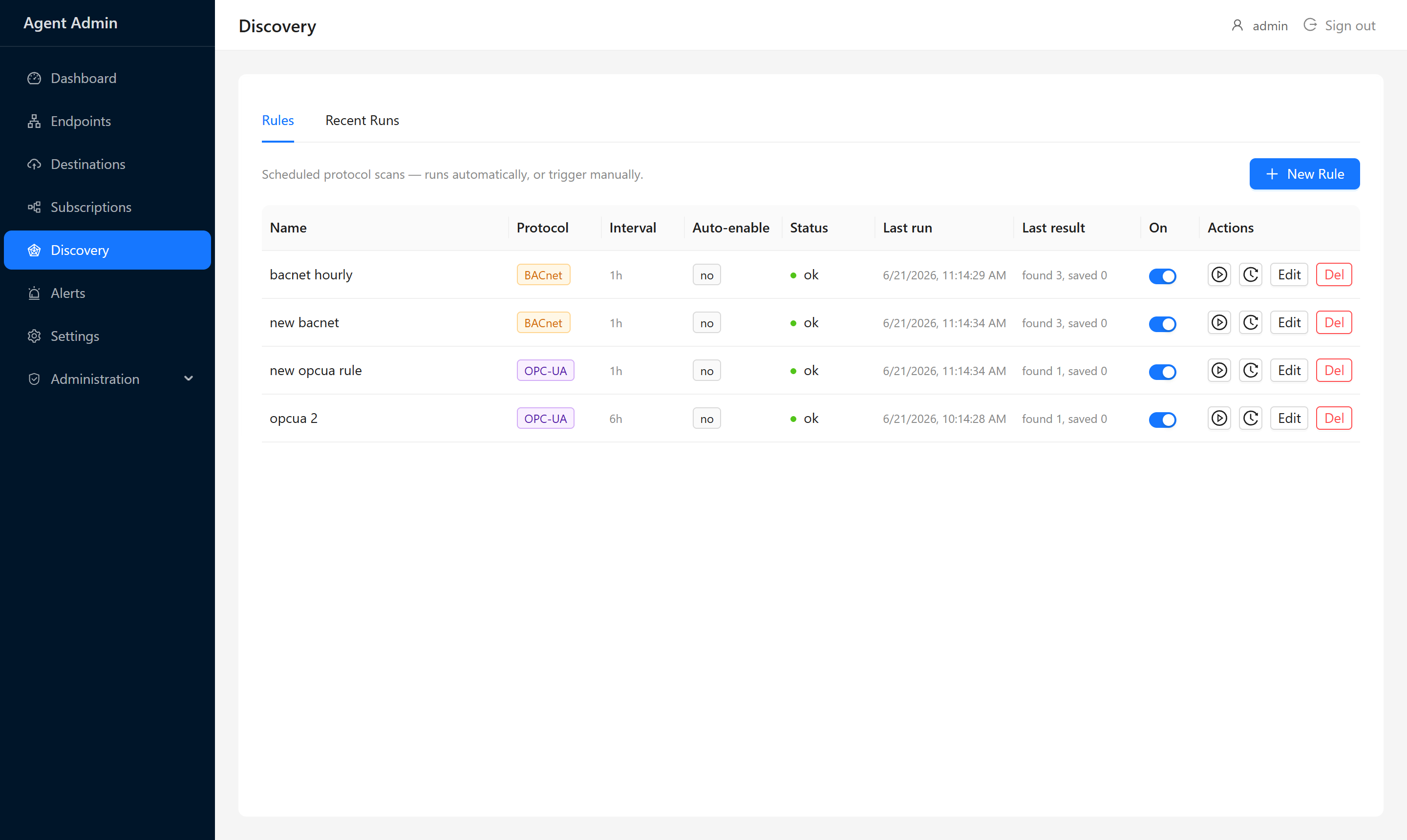Discovery page showing rules list with run buttons and recent run history