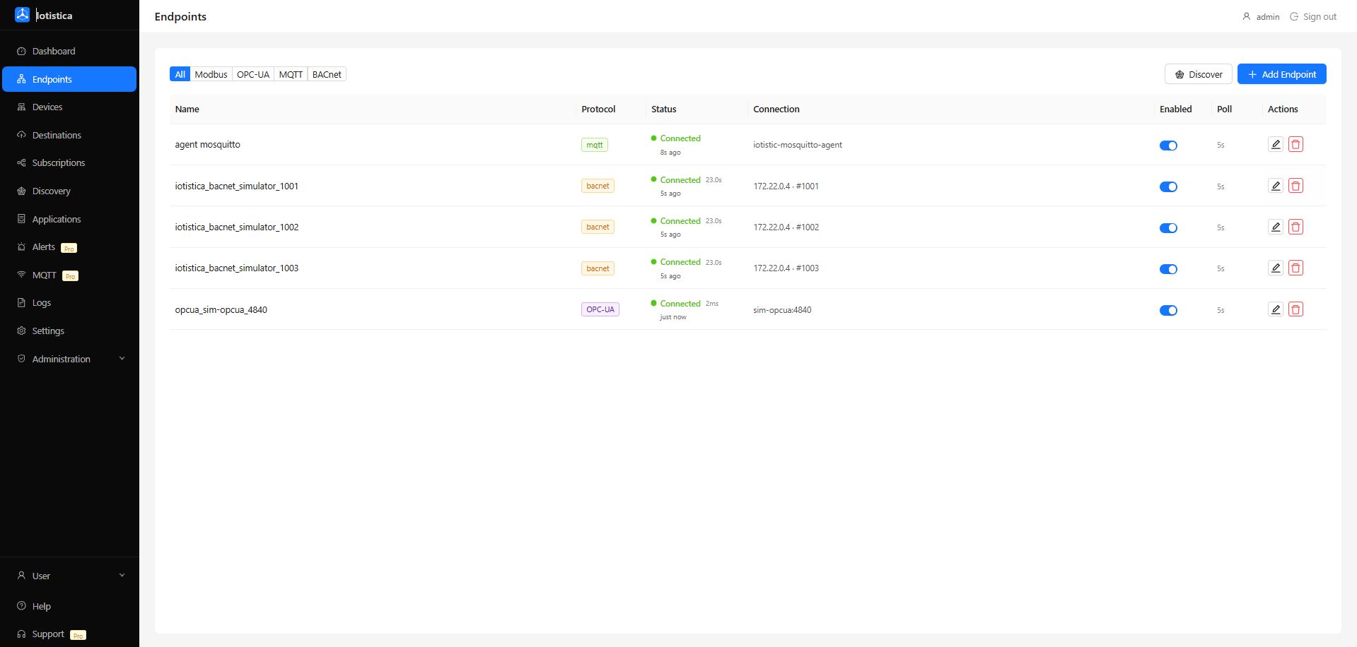 Endpoints list showing BACnet and OPC-UA devices with enabled toggles and poll intervals