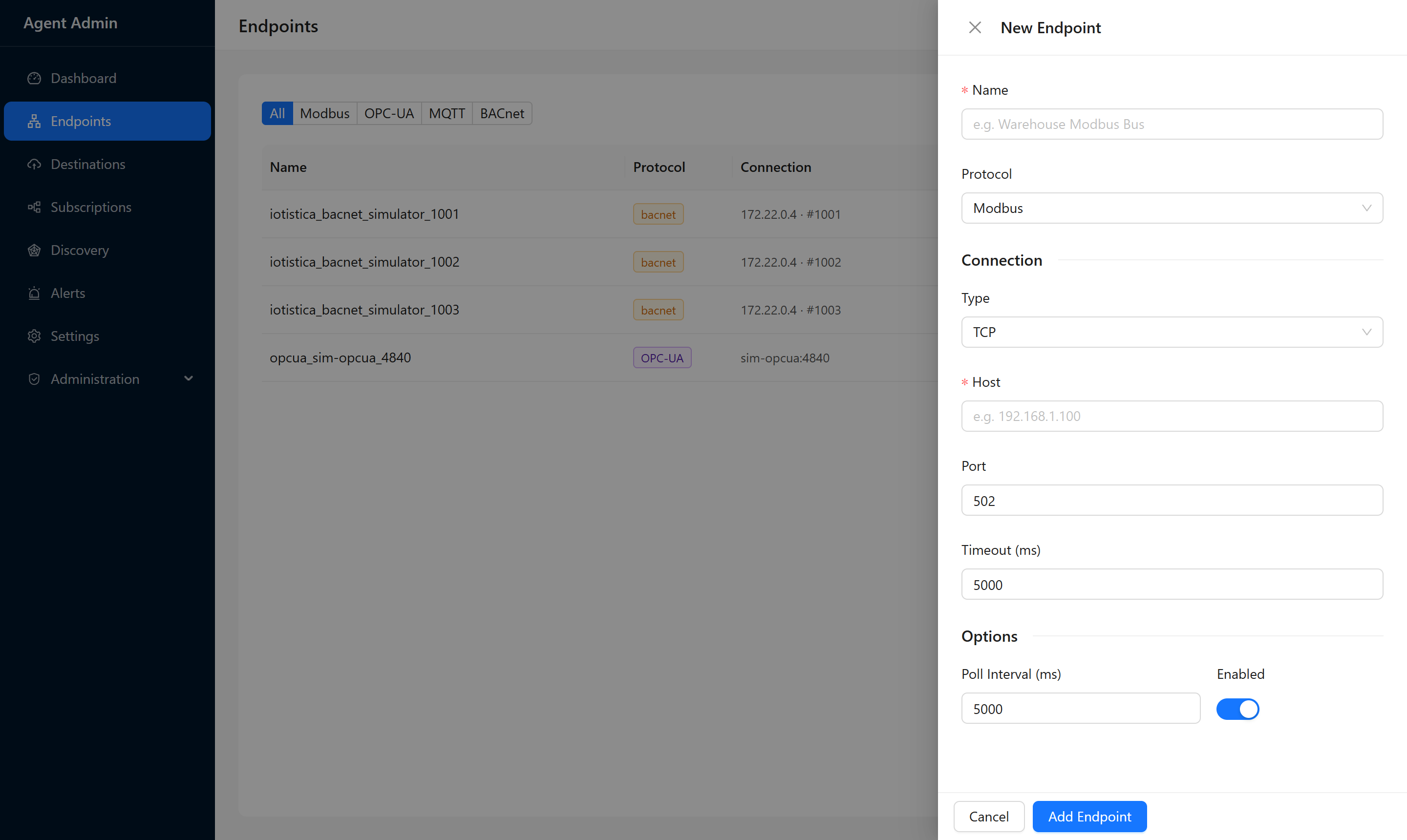 New Endpoint drawer configured for Modbus TCP