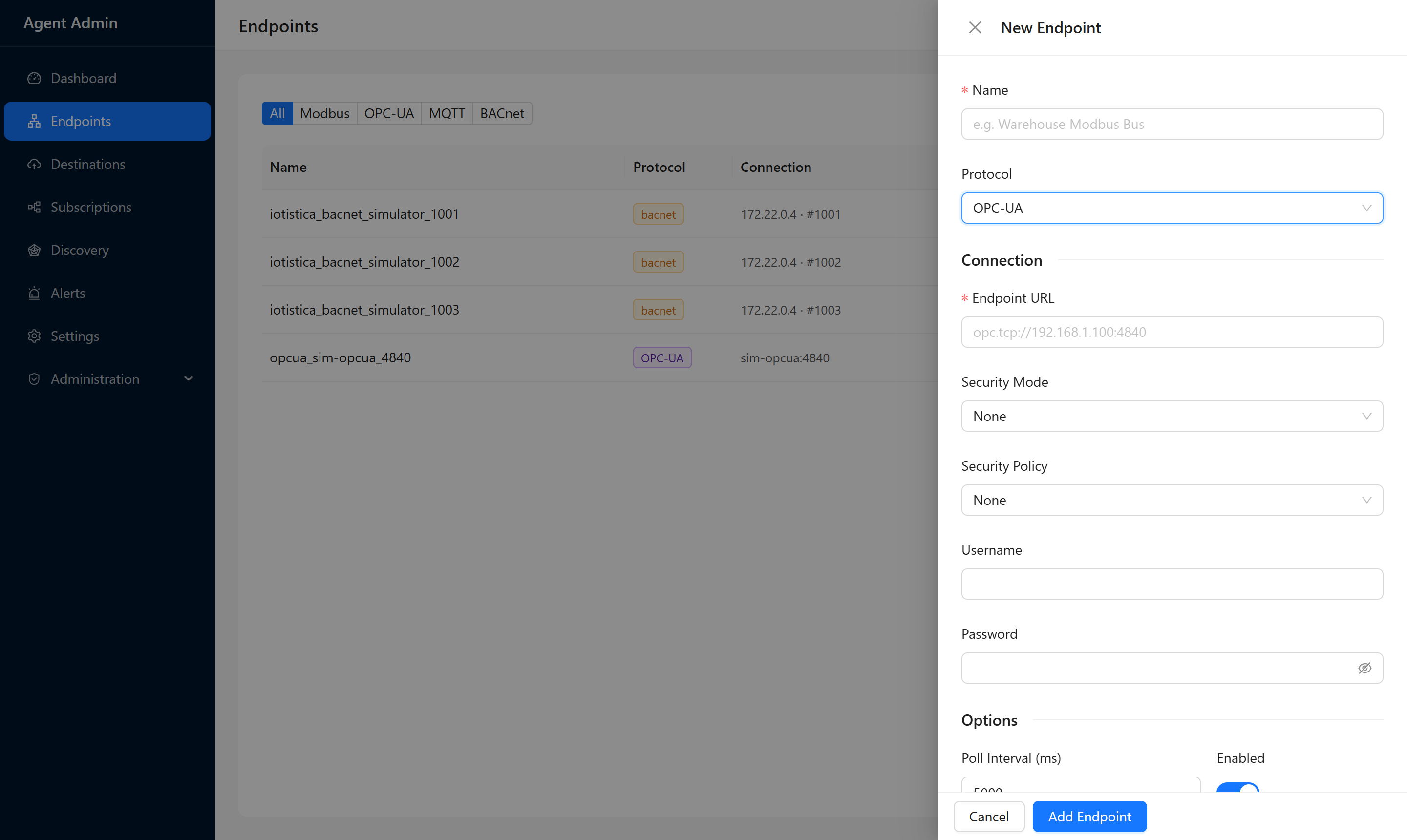 New Endpoint drawer configured for OPC-UA with security options