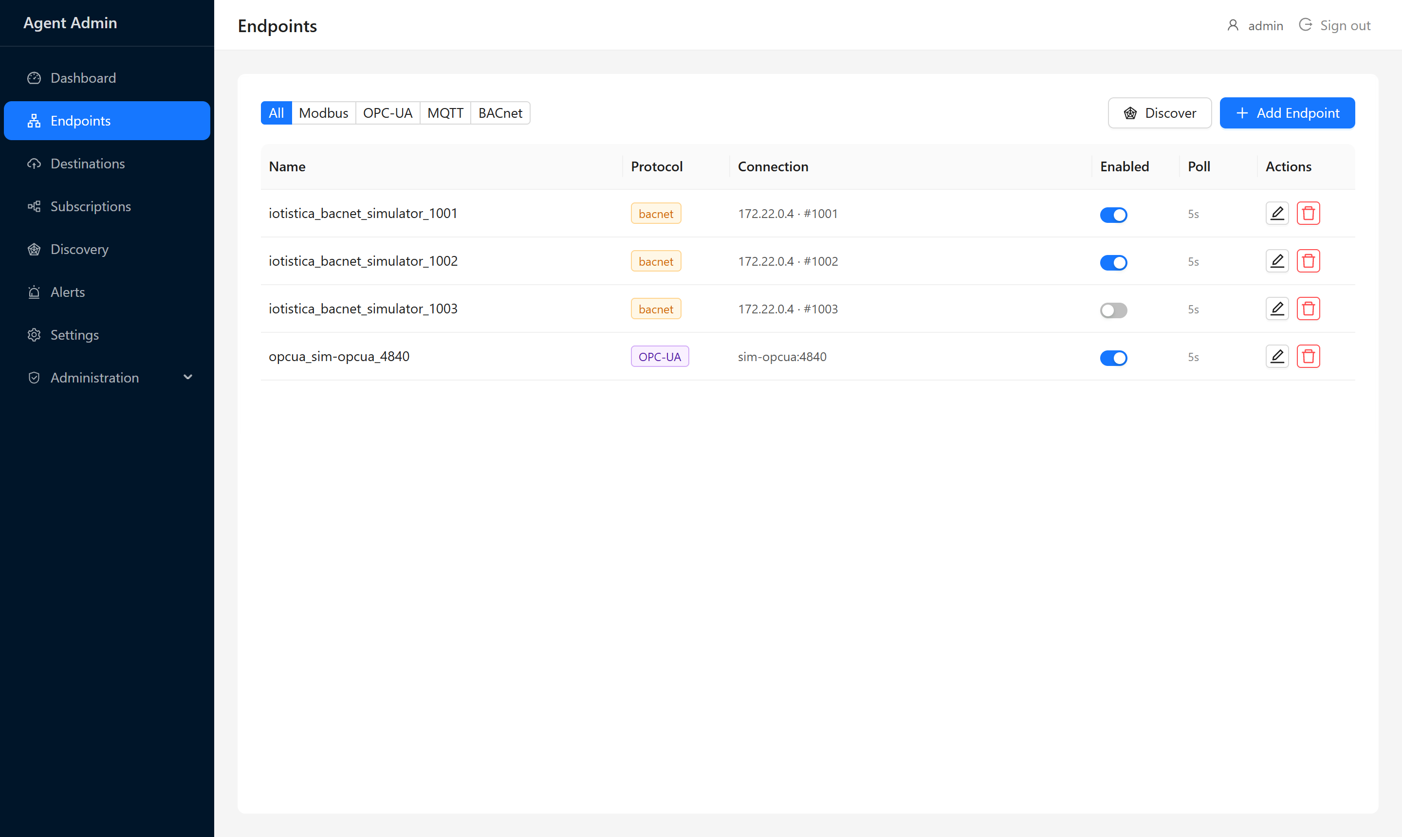 Endpoints list showing BACnet and OPC-UA devices with enabled toggles and poll intervals