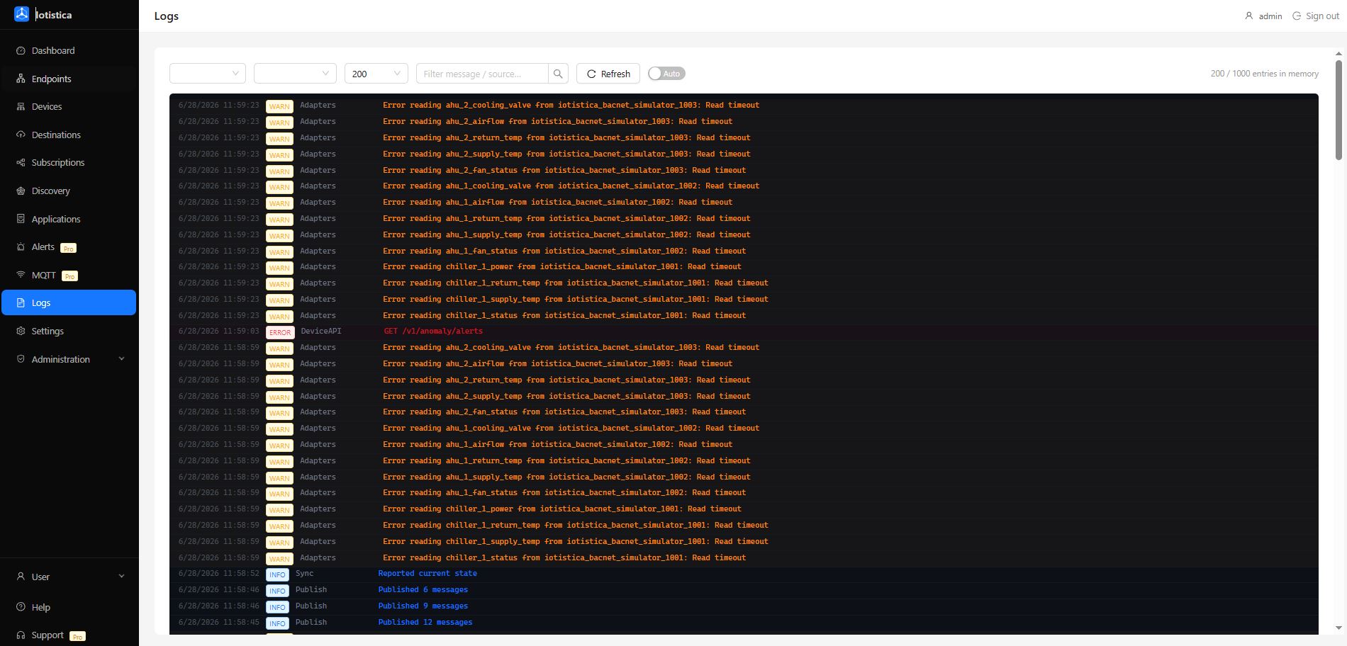 Logs page showing timestamped agent log entries with level badges and a search toolbar