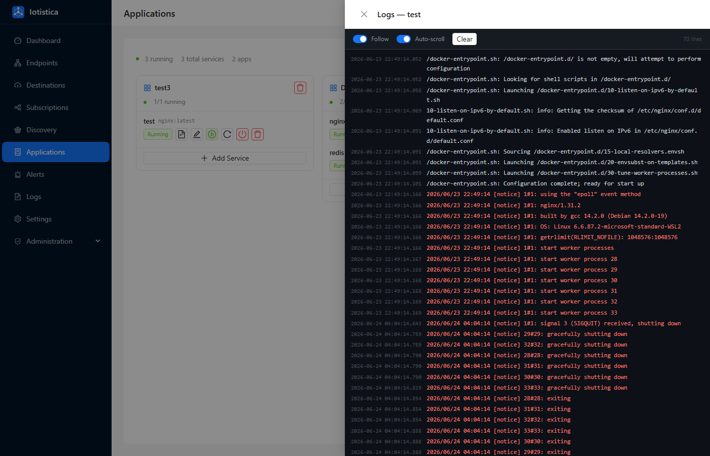 Log viewer drawer open for a postgres service, showing timestamped stdout and stderr output in a dark terminal
