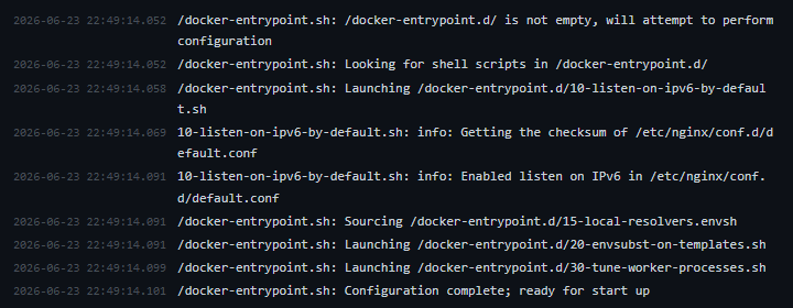 Closeup of the log viewer showing timestamps in grey on the left, stdout lines in white, and a stderr error line in red