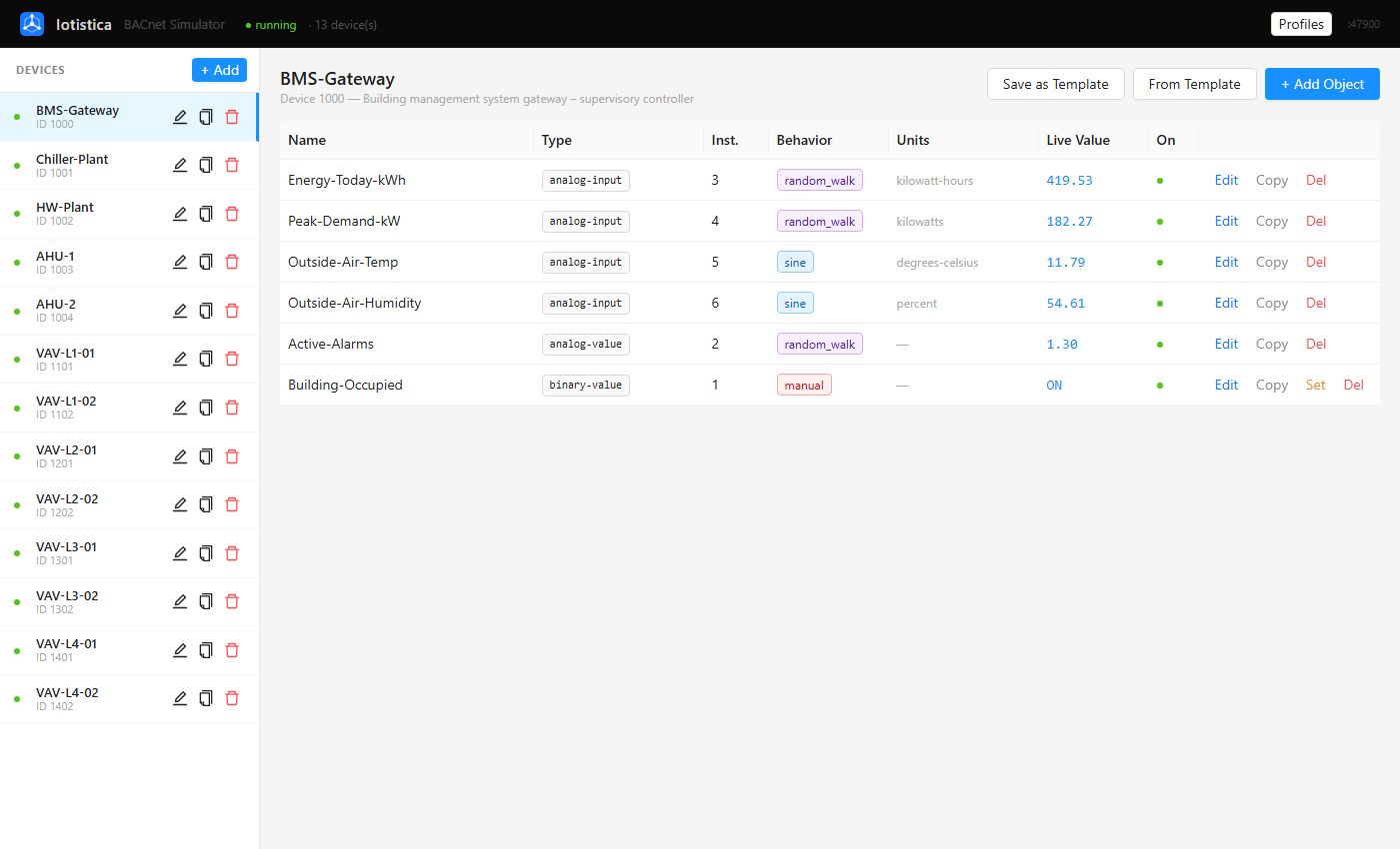 BACnet Simulator objects table showing live values and behavior tags for BMS-Gateway device