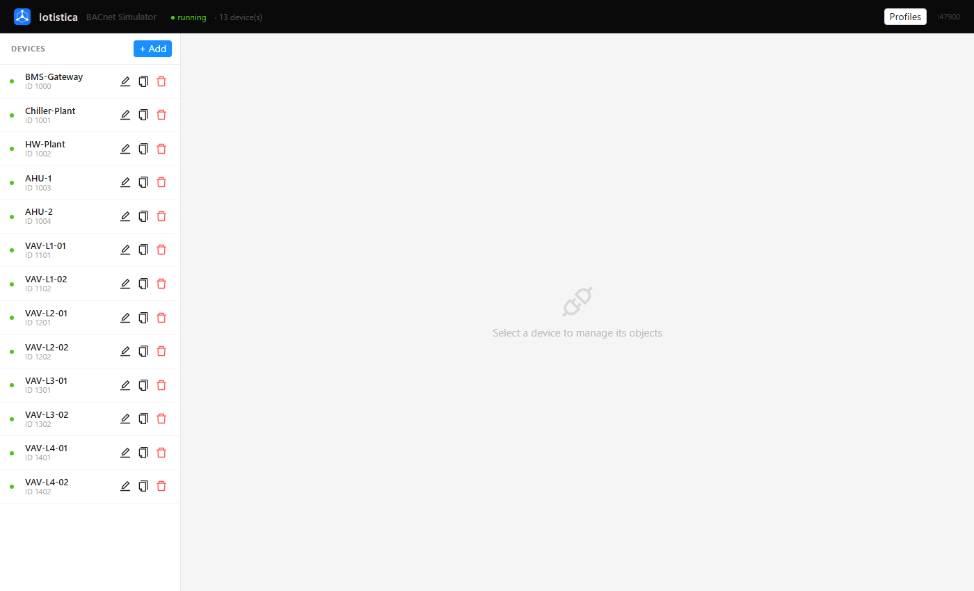 Iotistica BACnet Simulator main view showing the device list sidebar with 13 devices