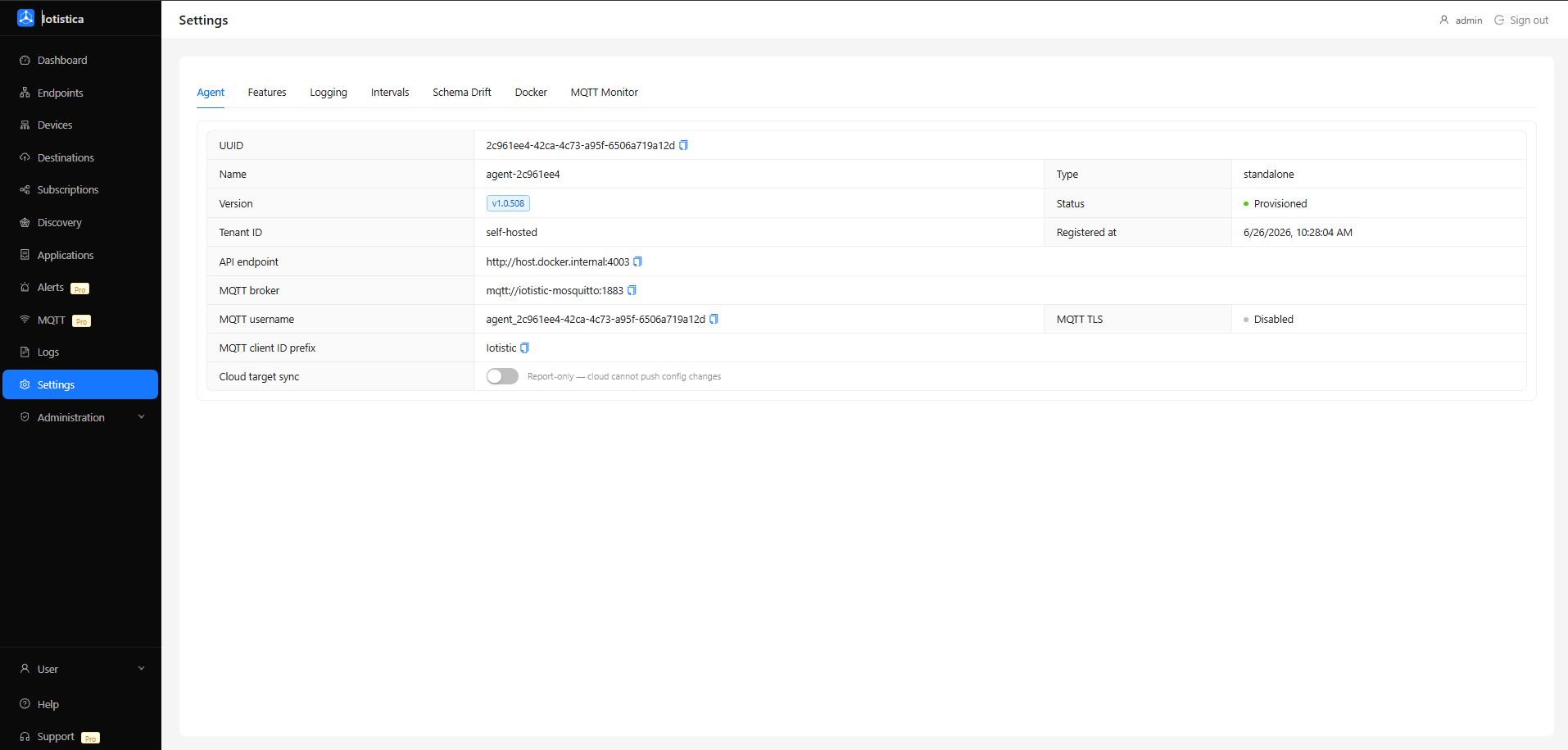 Settings page showing Agent Info, Connect to Iotistica, and Features sections
