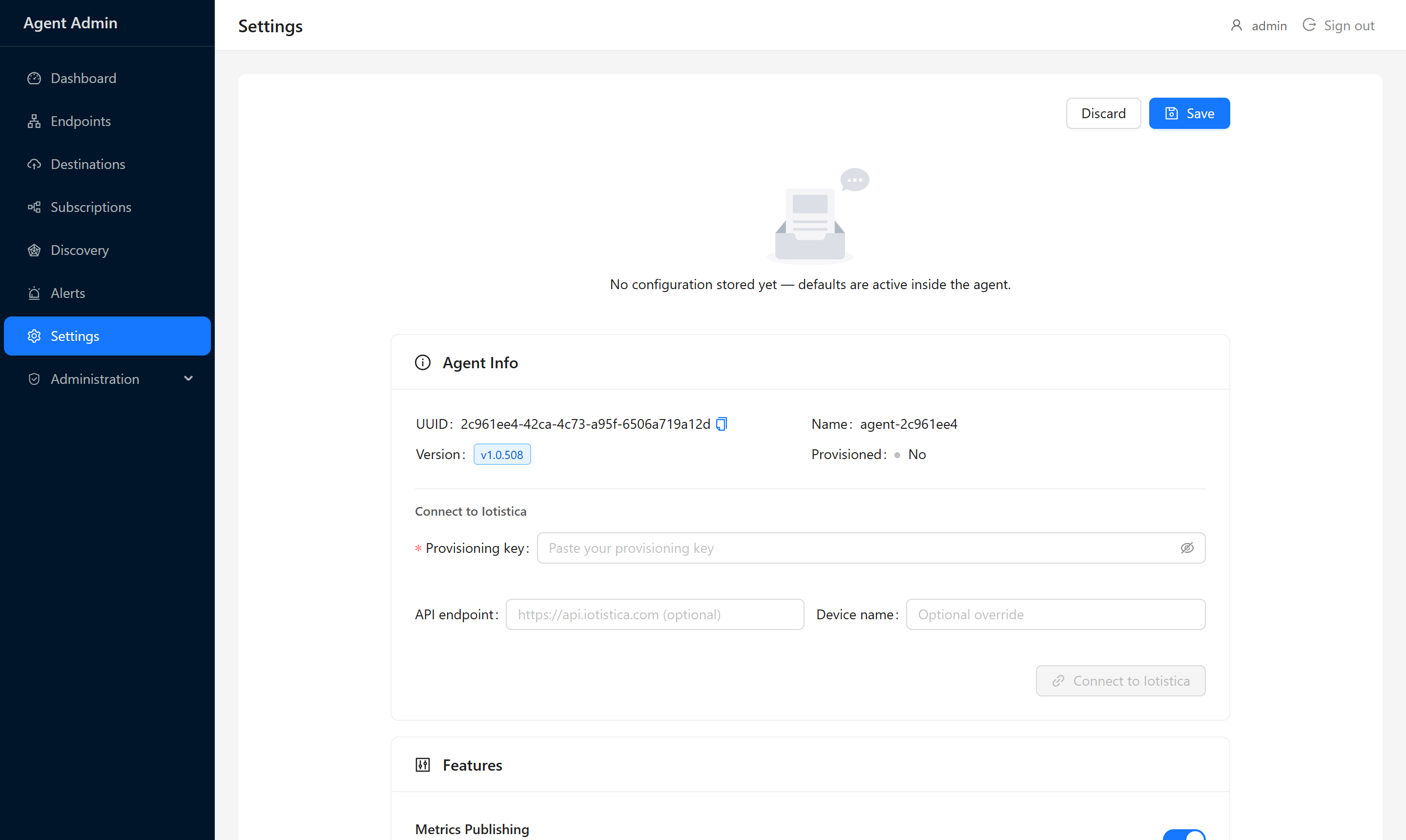 Settings page showing Agent Info, Connect to Iotistica, and Features sections