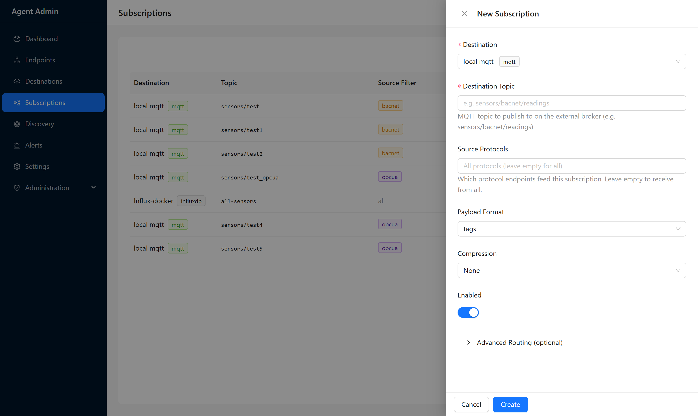 New Subscription drawer with destination, protocol, and payload format fields
