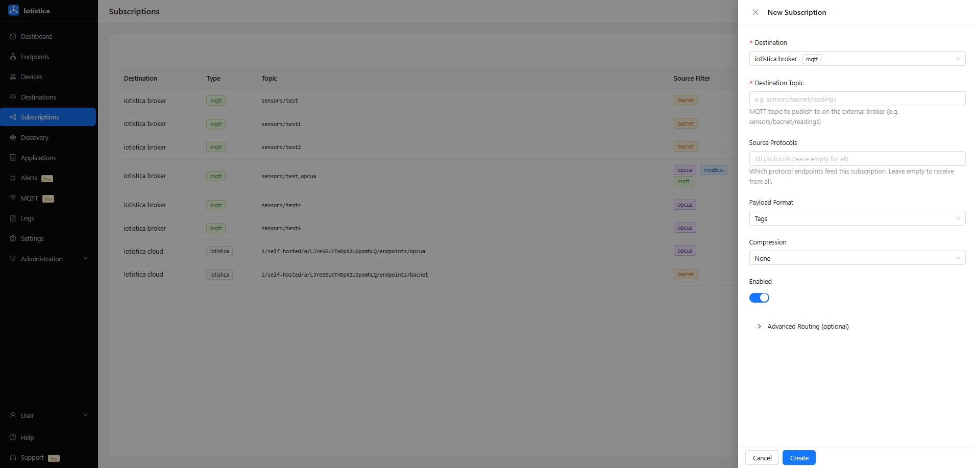 New Subscription drawer with destination, protocol, and payload format fields