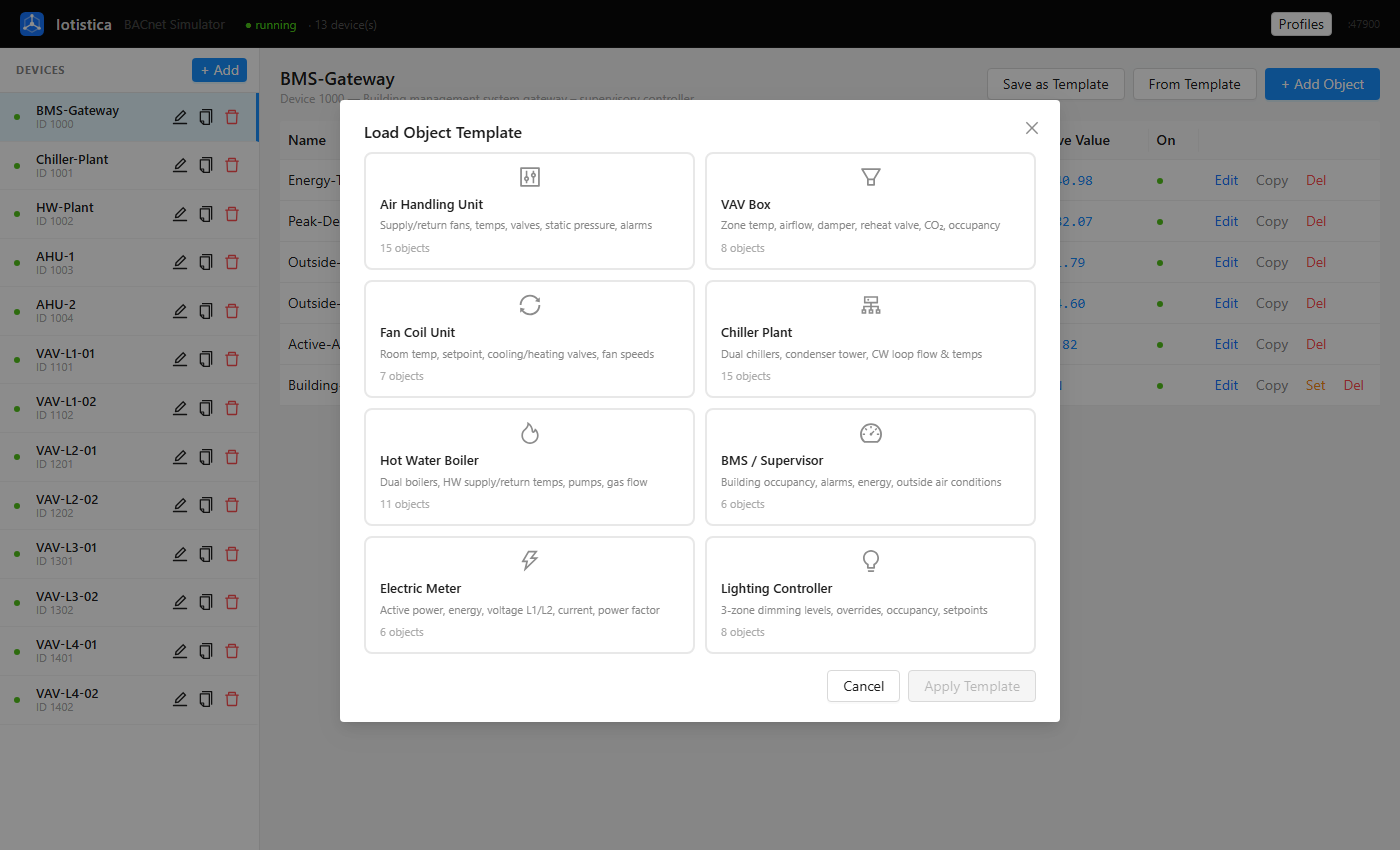 Template picker modal showing 8 built-in HVAC templates