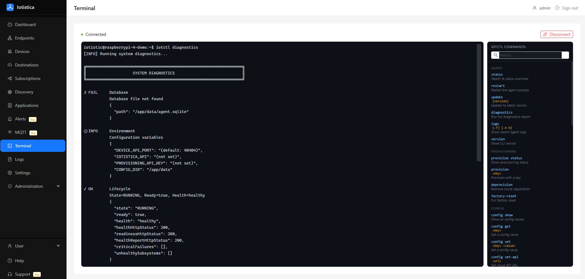 Terminal page showing a connected bash session with iotctl diagnostics output, alongside the iotctl command reference panel on the right